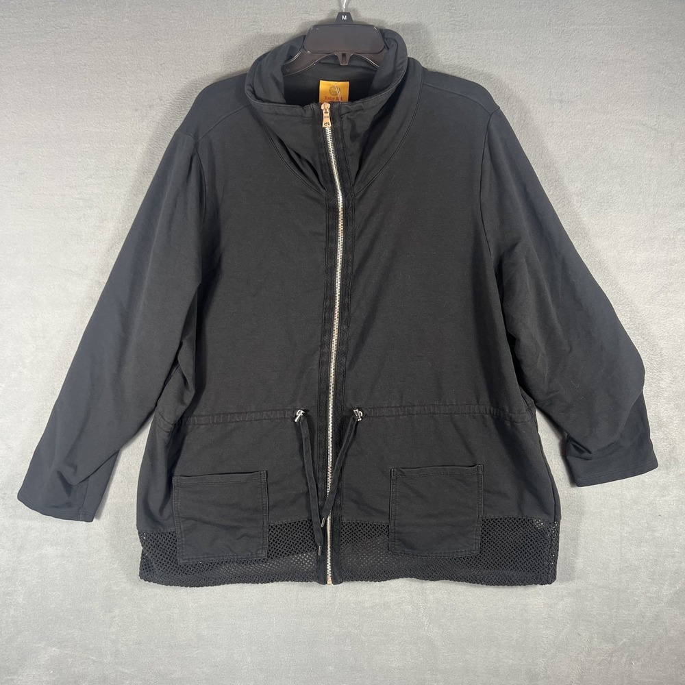 Ruby Rd. Woman 2X Black Full Zip Jacket Mesh Hem Drawstring‎ Waist Cotton Blend